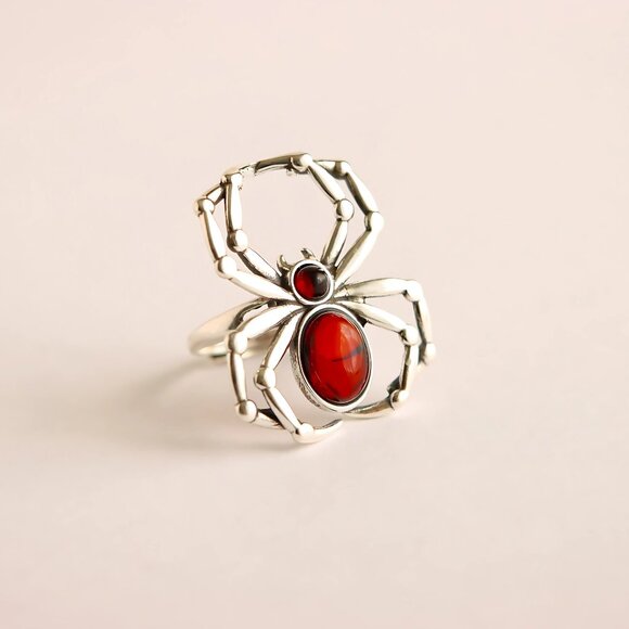 Baltic Amber Cherry Spider Ring in 925 Sterling Silver- Adjustable Size - Picture 1 of 6